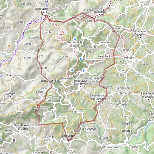 Zemljevid v pomanjšavi "Pustolovska gravel kolesarska tura preko Crêt du Bouchat in Saint-Joseph" kolesarske inspiracije v Rhône-Alpes, France. Generirano z načrtovalcem kolesarskih poti Tarmacs.app