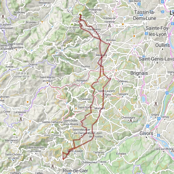 Miniatura della mappa di ispirazione al ciclismo "Percorso in bicicletta su sterrato attraverso la campagna vicino a Saint-Martin-la-Plaine" nella regione di Rhône-Alpes, France. Generata da Tarmacs.app, pianificatore di rotte ciclistiche