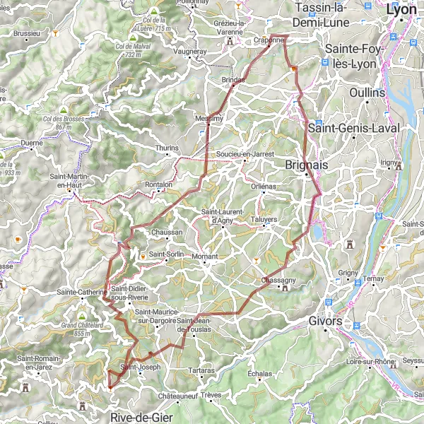 Miniatua del mapa de inspiración ciclista "Aventura en Grava a Crêt de Chagneux" en Rhône-Alpes, France. Generado por Tarmacs.app planificador de rutas ciclistas