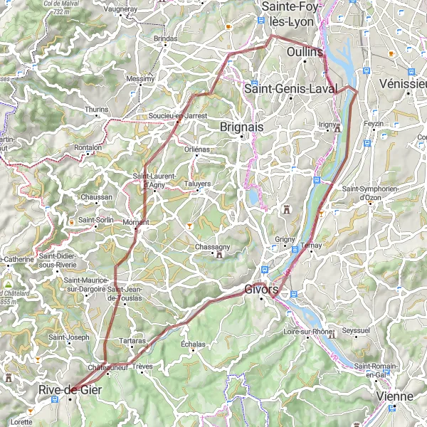 Miniatura della mappa di ispirazione al ciclismo "Esplorazione in gravel tra Saint-Jean-de-Touslas e Givors" nella regione di Rhône-Alpes, France. Generata da Tarmacs.app, pianificatore di rotte ciclistiche
