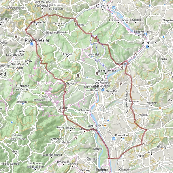 Miniatuurkaart van de fietsinspiratie "Gravelroute door de natuur van Rhône-Alpes" in Rhône-Alpes, France. Gemaakt door de Tarmacs.app fietsrouteplanner