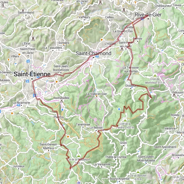 Miniatura della mappa di ispirazione al ciclismo "Giro in bicicletta su sterrato da Saint-Martin-la-Plaine" nella regione di Rhône-Alpes, France. Generata da Tarmacs.app, pianificatore di rotte ciclistiche