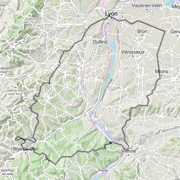 Zemljevid v pomanjšavi "Cestno kolesarjenje po okolici Saint-Martin-la-Plaine" kolesarske inspiracije v Rhône-Alpes, France. Generirano z načrtovalcem kolesarskih poti Tarmacs.app