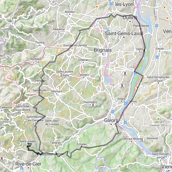 Miniatua del mapa de inspiración ciclista "Explorando Givors y Oullins" en Rhône-Alpes, France. Generado por Tarmacs.app planificador de rutas ciclistas