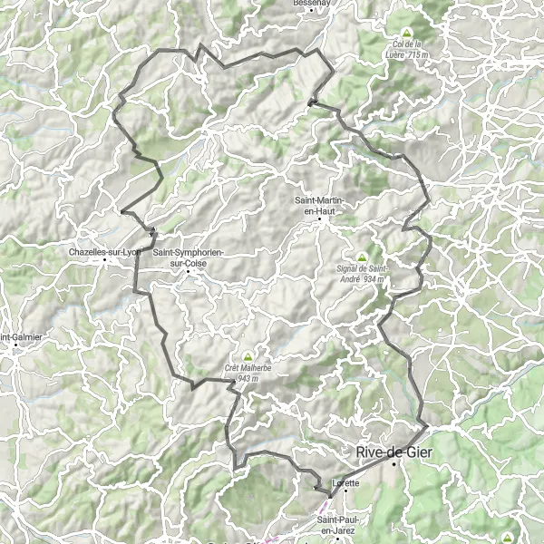 Miniatura della mappa di ispirazione al ciclismo "Avventura su due ruote tra Crêt Saint-Georges e Châteauneuf" nella regione di Rhône-Alpes, France. Generata da Tarmacs.app, pianificatore di rotte ciclistiche
