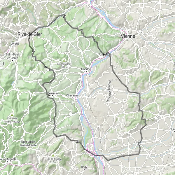 Karttaminiaatyyri "Maantiekierros kauniissa ympäristössä" pyöräilyinspiraatiosta alueella Rhône-Alpes, France. Luotu Tarmacs.app pyöräilyreittisuunnittelijalla