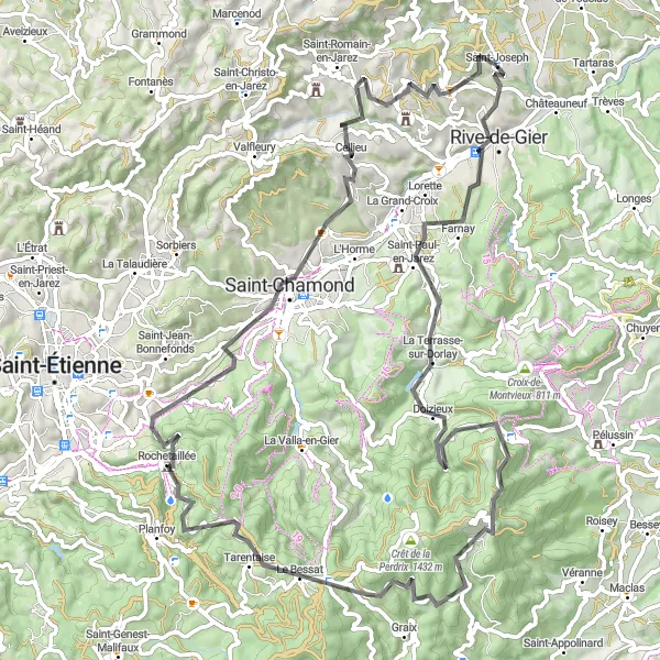 Miniatura mapy "Wyprawa szosowa z Saint-Paul-en-Jarez do Crêt de Chagneux" - trasy rowerowej w Rhône-Alpes, France. Wygenerowane przez planer tras rowerowych Tarmacs.app
