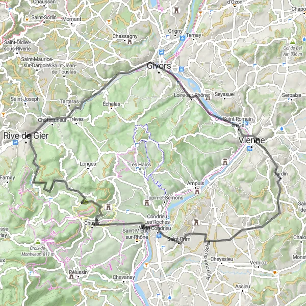 Zemljevid v pomanjšavi "Kolesarska pot preko Givors, Vienne in Sainte-Croix-en-Jarez" kolesarske inspiracije v Rhône-Alpes, France. Generirano z načrtovalcem kolesarskih poti Tarmacs.app