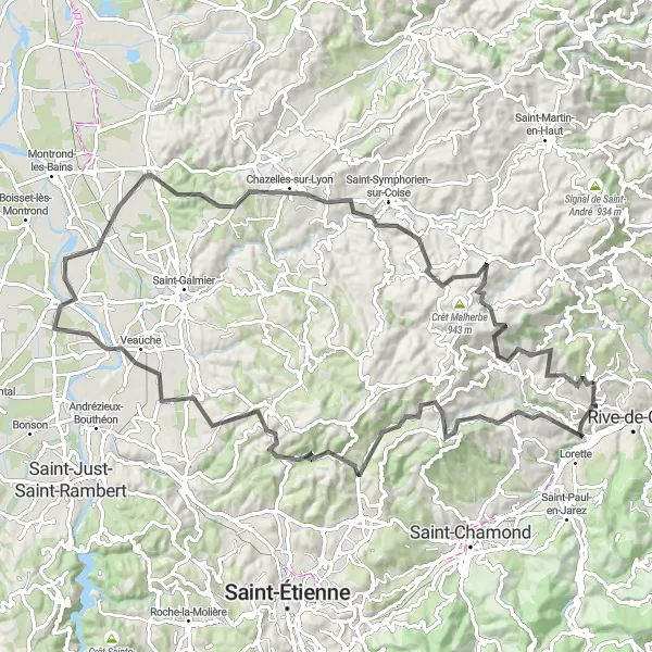 Miniatuurkaart van de fietsinspiratie "Heuvelachtige wegfietsroute vanuit Saint-Martin-la-Plaine" in Rhône-Alpes, France. Gemaakt door de Tarmacs.app fietsrouteplanner