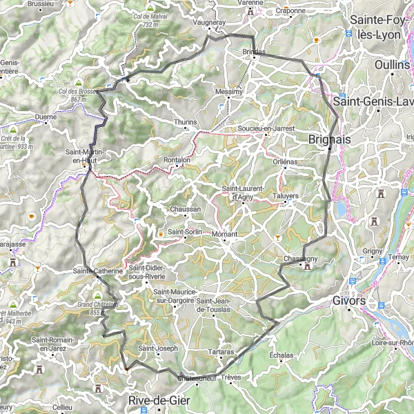 Zemljevid v pomanjšavi "Raznolika kolesarska avantura" kolesarske inspiracije v Rhône-Alpes, France. Generirano z načrtovalcem kolesarskih poti Tarmacs.app