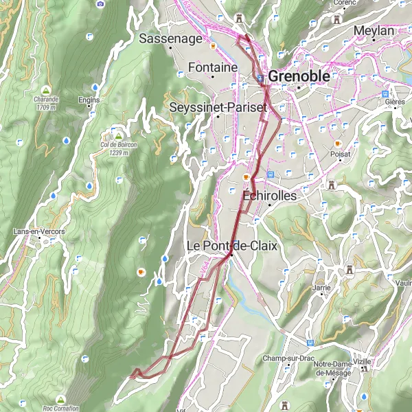 Zemljevid v pomanjšavi "Gravel kolesarska pot do Montagne de Grand Rochefort" kolesarske inspiracije v Rhône-Alpes, France. Generirano z načrtovalcem kolesarskih poti Tarmacs.app