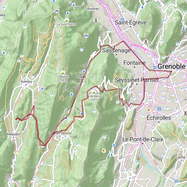 Miniature de la carte de l'inspiration cycliste "Exploration autour de Grenoble" dans la Rhône-Alpes, France. Générée par le planificateur d'itinéraire cycliste Tarmacs.app