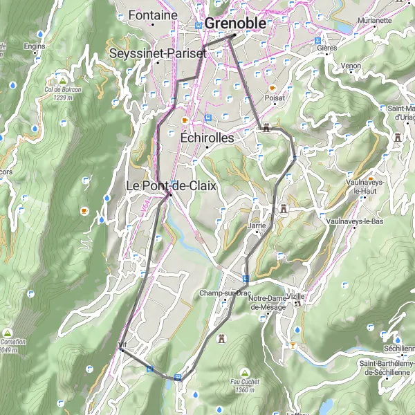 Miniatura della mappa di ispirazione al ciclismo "Grenoble - Montagne de Grand Rochefort" nella regione di Rhône-Alpes, France. Generata da Tarmacs.app, pianificatore di rotte ciclistiche