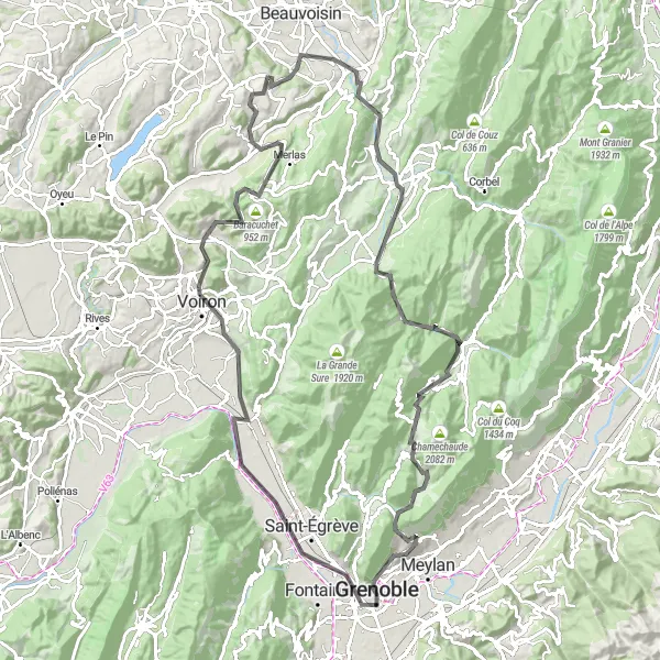 Mapa miniatúra "Výlet do prírody okolo Voiron" cyklistická inšpirácia v Rhône-Alpes, France. Vygenerované cyklistickým plánovačom trás Tarmacs.app