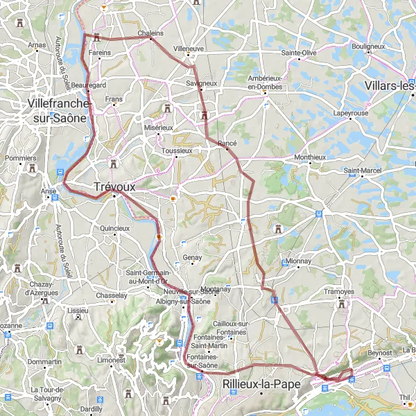 Mapa miniatúra "Gravelová cyklotrasa po okolí Albigny-sur-Saône" cyklistická inšpirácia v Rhône-Alpes, France. Vygenerované cyklistickým plánovačom trás Tarmacs.app