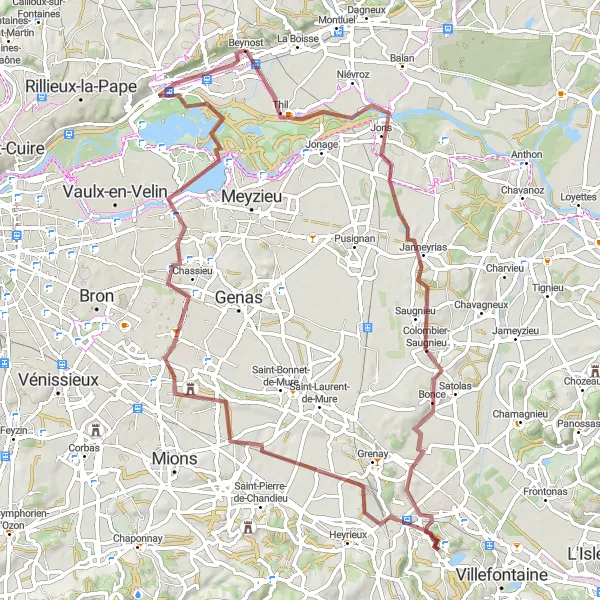 Map miniature of "The Gravel Route: From Saint-Maurice-de-Beynost to Colombier-Saugnieu" cycling inspiration in Rhône-Alpes, France. Generated by Tarmacs.app cycling route planner