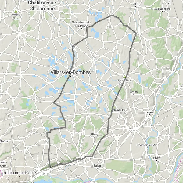 Map miniature of "Road route to Villars-les-Dombes and Panorama St Barthélémy" cycling inspiration in Rhône-Alpes, France. Generated by Tarmacs.app cycling route planner