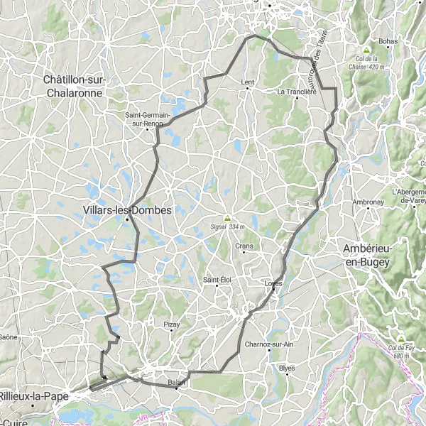 Map miniature of "Road route to Château de Saix and Saint-Paul-de-Varax" cycling inspiration in Rhône-Alpes, France. Generated by Tarmacs.app cycling route planner