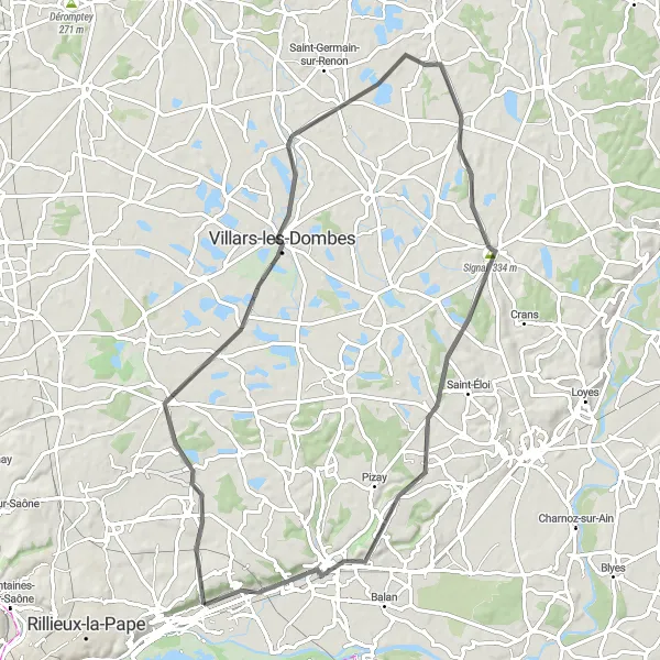 Map miniature of "Road route to Villars-les-Dombes and Panorama St Barthélémy" cycling inspiration in Rhône-Alpes, France. Generated by Tarmacs.app cycling route planner