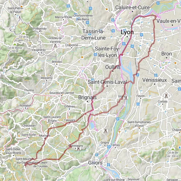 Karten-Miniaturansicht der Radinspiration "Taluyers und Irigny Gravel Tour" in Rhône-Alpes, France. Erstellt vom Tarmacs.app-Routenplaner für Radtouren