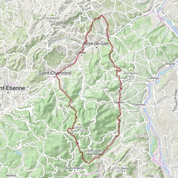 Miniature de la carte de l'inspiration cycliste "Les monts de Pélussin" dans la Rhône-Alpes, France. Générée par le planificateur d'itinéraire cycliste Tarmacs.app