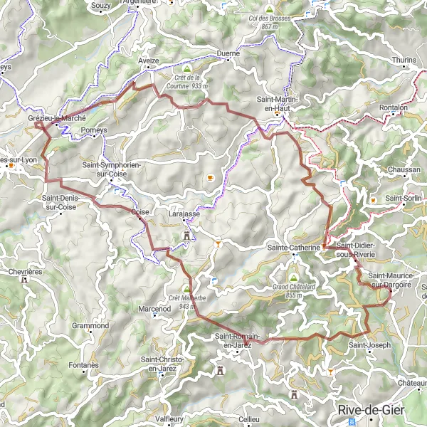 Miniature de la carte de l'inspiration cycliste "Boucle des Monts du Lyonnais en Gravel" dans la Rhône-Alpes, France. Générée par le planificateur d'itinéraire cycliste Tarmacs.app