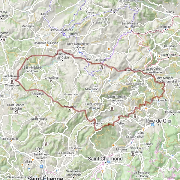 Miniatura della mappa di ispirazione al ciclismo "Giro in Gravel attraverso i Monti del Lyonnais" nella regione di Rhône-Alpes, France. Generata da Tarmacs.app, pianificatore di rotte ciclistiche