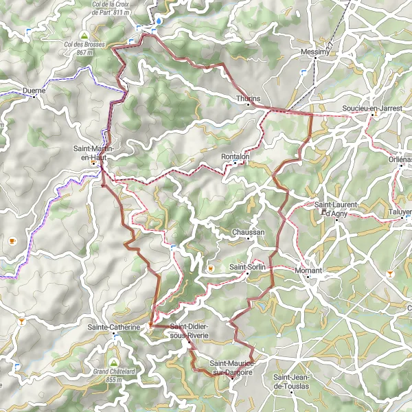 Miniatua del mapa de inspiración ciclista "Ruta de Grava a través de Saint-Didier-sous-Riverie y Yzeron" en Rhône-Alpes, France. Generado por Tarmacs.app planificador de rutas ciclistas