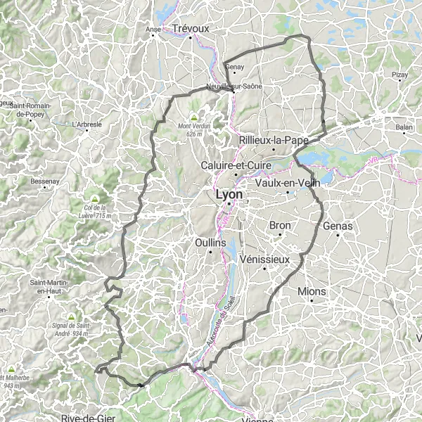 Mapa miniatúra "Západné zalesnené cesty" cyklistická inšpirácia v Rhône-Alpes, France. Vygenerované cyklistickým plánovačom trás Tarmacs.app