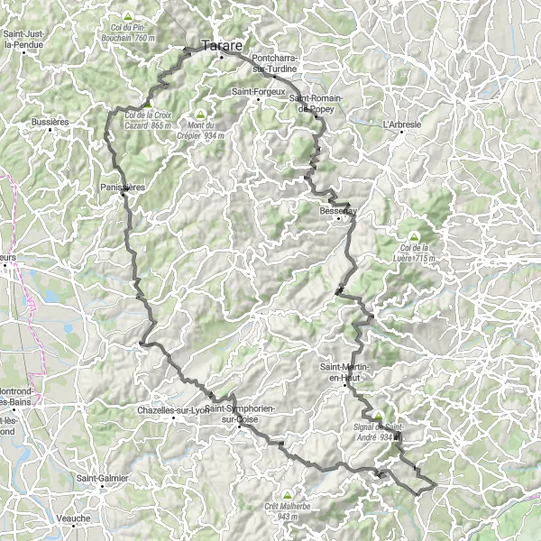 Miniatua del mapa de inspiración ciclista "Ruta en carretera por Larajasse y Saint-André-la-Côte" en Rhône-Alpes, France. Generado por Tarmacs.app planificador de rutas ciclistas