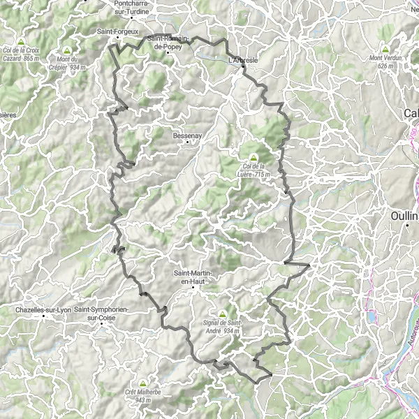 Miniatua del mapa de inspiración ciclista "Ruta escénica por Sainte-Foy-l'Argentière y Messimy" en Rhône-Alpes, France. Generado por Tarmacs.app planificador de rutas ciclistas