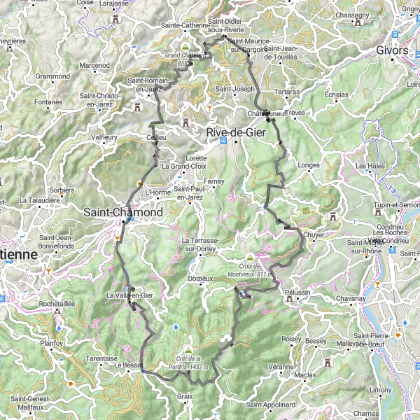 Karten-Miniaturansicht der Radinspiration "Herausfordernde Rundtour um Saint-Maurice-sur-Dargoire" in Rhône-Alpes, France. Erstellt vom Tarmacs.app-Routenplaner für Radtouren