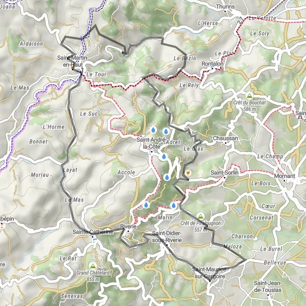 Miniatura della mappa di ispirazione al ciclismo "Percorso su Strada tra Monti e Borghi" nella regione di Rhône-Alpes, France. Generata da Tarmacs.app, pianificatore di rotte ciclistiche