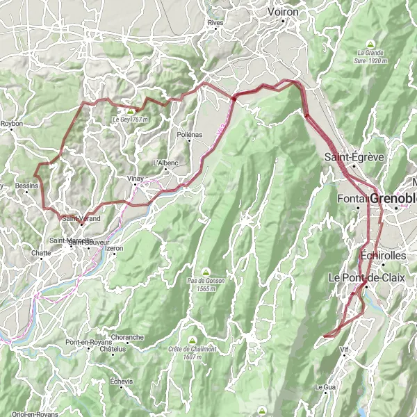 Zemljevid v pomanjšavi "Gravel kolesarska pot ob vznožju francoskih Alp" kolesarske inspiracije v Rhône-Alpes, France. Generirano z načrtovalcem kolesarskih poti Tarmacs.app