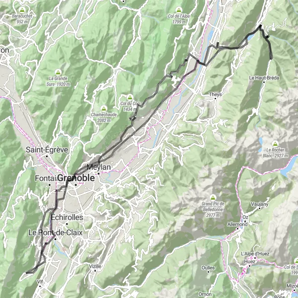 Miniature de la carte de l'inspiration cycliste "La Route des Sommets" dans la Rhône-Alpes, France. Générée par le planificateur d'itinéraire cycliste Tarmacs.app