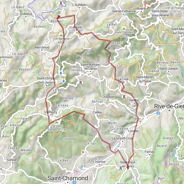 Miniaturekort af cykelinspirationen "Grusvejcykling omkring Saint-Paul-en-Jarez" i Rhône-Alpes, France. Genereret af Tarmacs.app cykelruteplanlægger