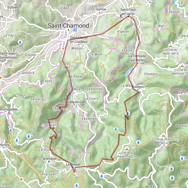 Miniatua del mapa de inspiración ciclista "Aventura en Gravel cerca de Saint-Paul-en-Jarez" en Rhône-Alpes, France. Generado por Tarmacs.app planificador de rutas ciclistas