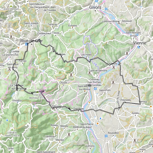 Miniatua del mapa de inspiración ciclista "Ruta de ciclismo de carretera a través de Farnay y La Terrasse-sur-Dorlay" en Rhône-Alpes, France. Generado por Tarmacs.app planificador de rutas ciclistas