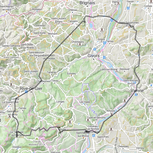 Miniaturní mapa "Cyklotrasa skrz údolí Rhôny a vinice" inspirace pro cyklisty v oblasti Rhône-Alpes, France. Vytvořeno pomocí plánovače tras Tarmacs.app