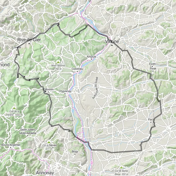 Kartminiatyr av "Utfordrende Rundtur til Saint-Sorlin-de-Vienne og Pélussin" sykkelinspirasjon i Rhône-Alpes, France. Generert av Tarmacs.app sykkelrutoplanlegger