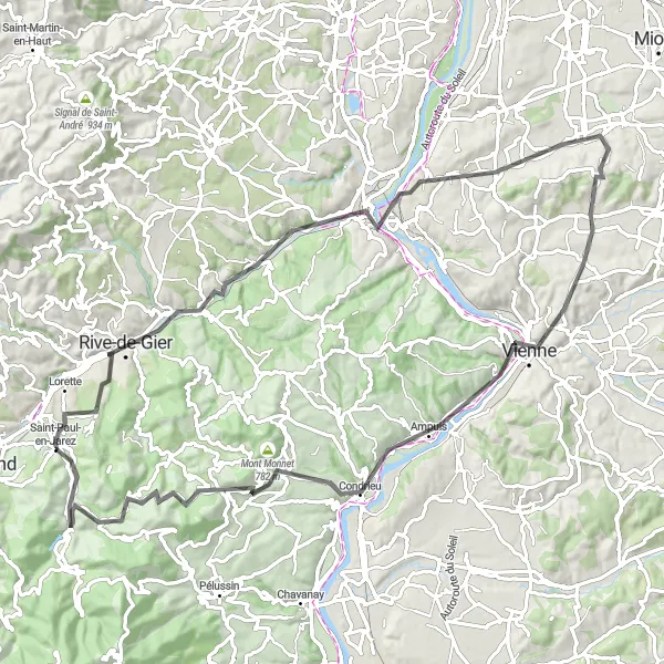 Miniatura della mappa di ispirazione al ciclismo "Avventura ciclistica attraverso Saint-Paul-en-Jarez e dintorni" nella regione di Rhône-Alpes, France. Generata da Tarmacs.app, pianificatore di rotte ciclistiche