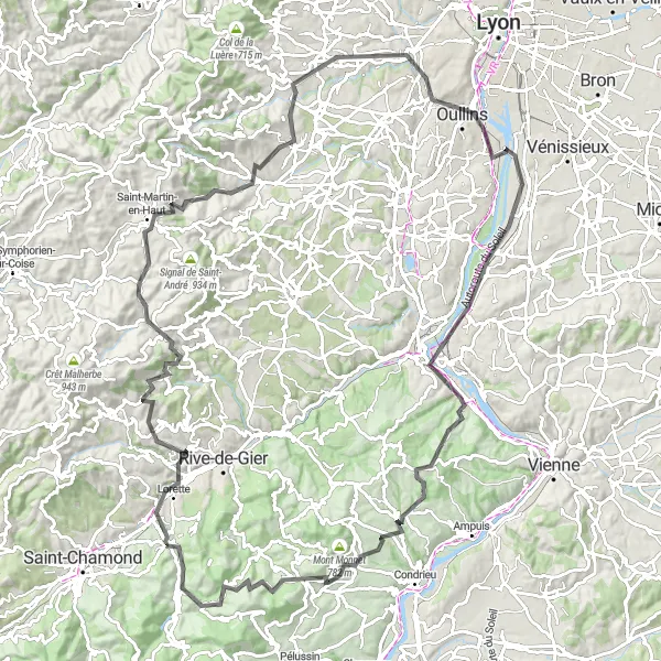 Miniatura della mappa di ispirazione al ciclismo "Giro in bicicletta panoramico attraverso Saint-Paul-en-Jarez" nella regione di Rhône-Alpes, France. Generata da Tarmacs.app, pianificatore di rotte ciclistiche
