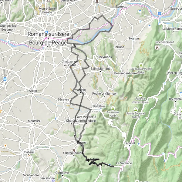 Miniature de la carte de l'inspiration cycliste "La Route des Limouches" dans la Rhône-Alpes, France. Générée par le planificateur d'itinéraire cycliste Tarmacs.app