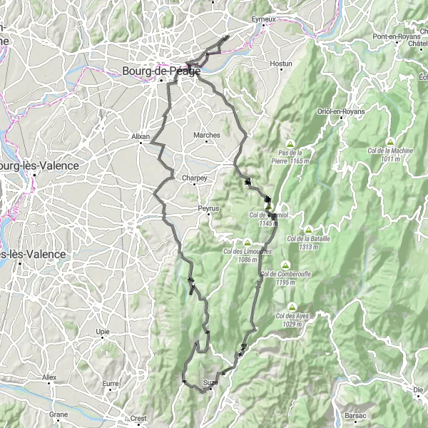 Miniature de la carte de l'inspiration cycliste "La Route des Châteaux" dans la Rhône-Alpes, France. Générée par le planificateur d'itinéraire cycliste Tarmacs.app