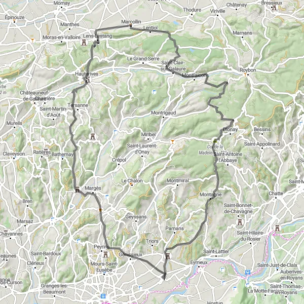 Miniature de la carte de l'inspiration cycliste "Les collines et les vallées de l'Isère" dans la Rhône-Alpes, France. Générée par le planificateur d'itinéraire cycliste Tarmacs.app