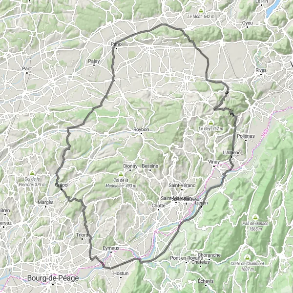 Miniature de la carte de l'inspiration cycliste "Les paysages du Vercors et de la Bourne" dans la Rhône-Alpes, France. Générée par le planificateur d'itinéraire cycliste Tarmacs.app
