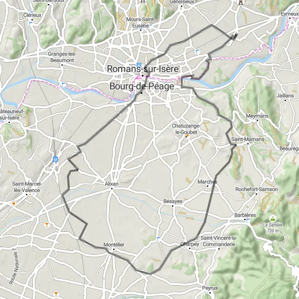 Miniature de la carte de l'inspiration cycliste "Les chemins de la Drôme provençale" dans la Rhône-Alpes, France. Générée par le planificateur d'itinéraire cycliste Tarmacs.app