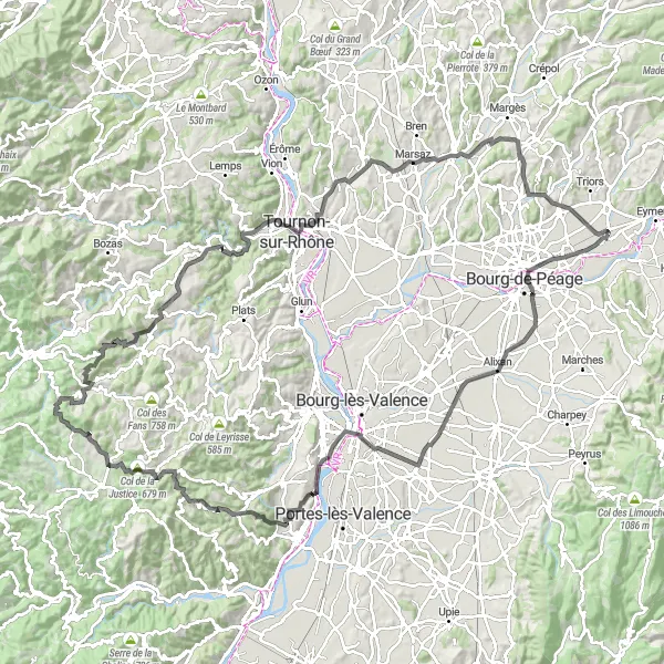 Miniature de la carte de l'inspiration cycliste "Les cols et les vallées de l'Ardèche" dans la Rhône-Alpes, France. Générée par le planificateur d'itinéraire cycliste Tarmacs.app