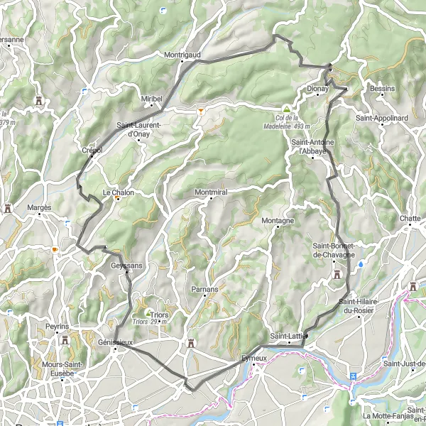 Miniature de la carte de l'inspiration cycliste "La Boucle du Vercors" dans la Rhône-Alpes, France. Générée par le planificateur d'itinéraire cycliste Tarmacs.app