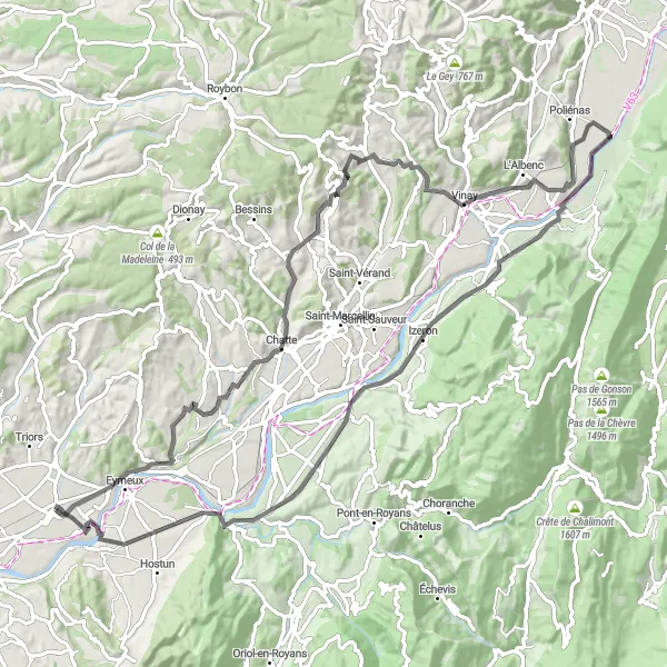 Miniature de la carte de l'inspiration cycliste "La Grande Boucle du Royans" dans la Rhône-Alpes, France. Générée par le planificateur d'itinéraire cycliste Tarmacs.app